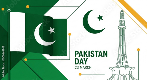 Pakistan day celebration with flag and minar e pakistan monument on white background
