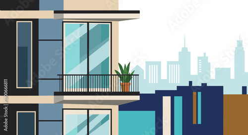 Modern apartment building facade with balcony and city skyline