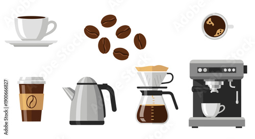 Modern coffee items collection with espresso machine and pour over.