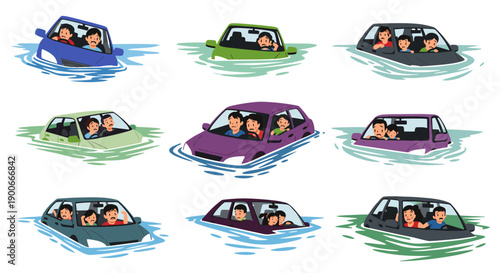 People trapped in cars by rising floodwaters illustration