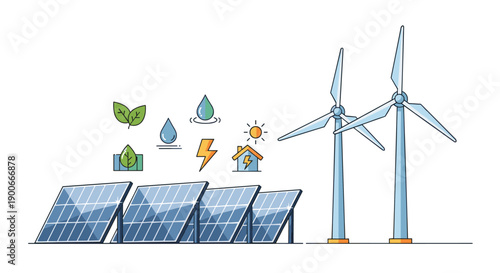 Renewable energy concept with solar panels, wind turbines, and eco icons