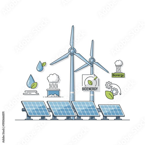 Renewable energy concept with wind turbines, solar panels, bioenergy