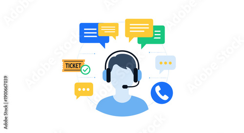 Call center agent with headset surrounded by communication icons