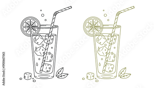 Summer cold drink illustration with ice cubes and lemon slice for refreshing beverage line art style