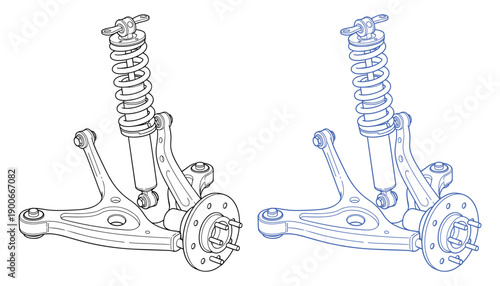 Suspension parts exploded views vehicle part automotive wheel hub strut shock absorber outline vector