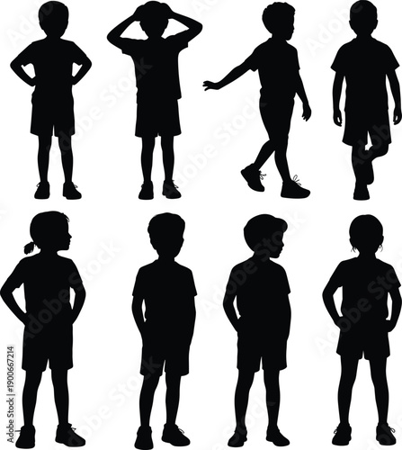 Full length silhouette of diverse group of children standing in various poses isolated on white background for childhood and education concepts