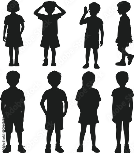 Full length silhouettes of diverse children and kids standing in different poses isolated on white background, vector group of childhood