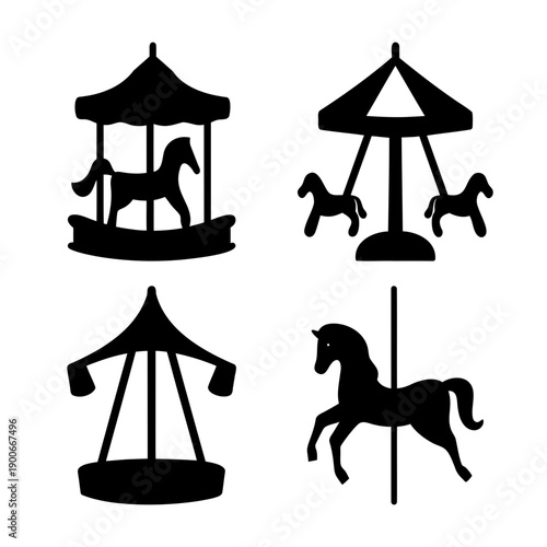 Collection of classic carousel ride and horse silhouette vector illustrations