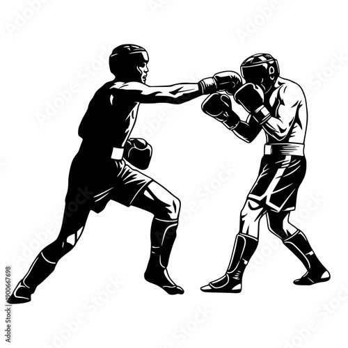 black illustration of two amateur boxers engaged in a competitive match. This high-contrast woodcut-style graphic depicts both fighters wearing protective headgear and gloves.