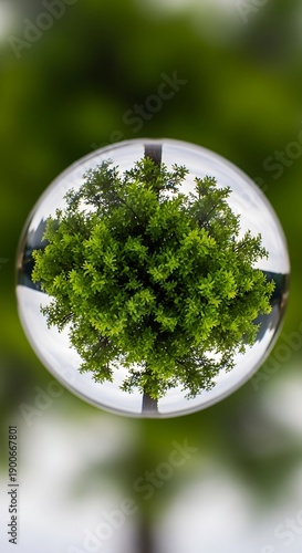 Green foliage is magnified and inverted within a clear optical sphere resting against a soft background