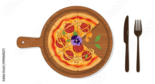 Delicious whole pizza with missing slice and honey