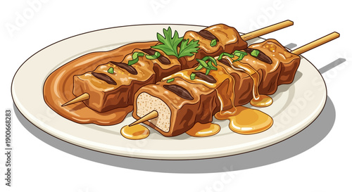 Grilled skewers with rich peanut sauce and fresh parsley on a plate