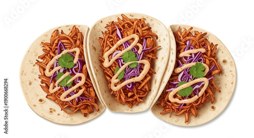 Three delicious jack fruit pulled tacos with fresh toppings