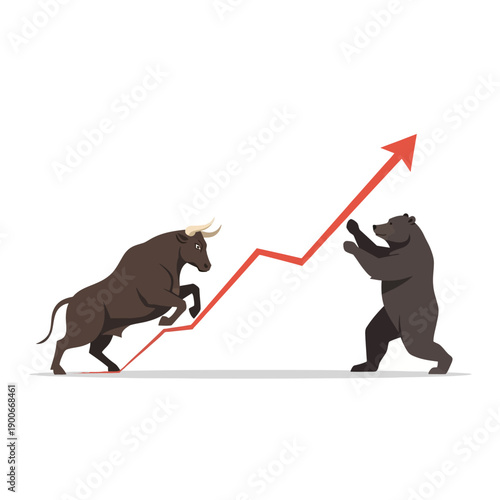 Bull and bear fighting with rising arrow graph illustration