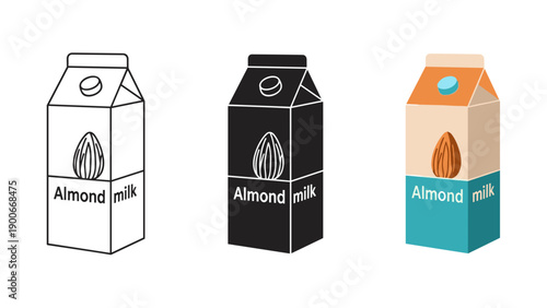 Three variations of almond milk cartons are shown Vector