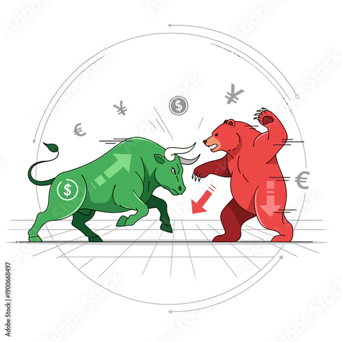 Bull and Bear Fighting in Financial Market Illustration