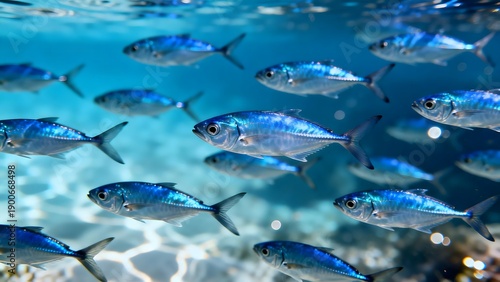 SchoolOfBlueFishSwimUnderwater