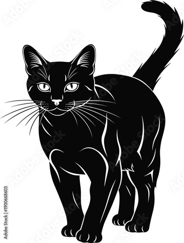 Elegant black cat vector illustration standing with raised tail isolated on white background minimalist feline silhouette for pet lover design