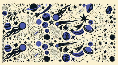 Astronomical objects and celestial bodies in space with stars and planets