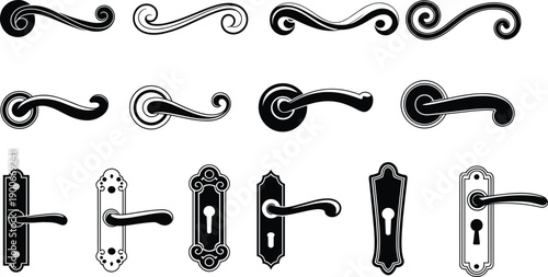 Decorative door handle design collection, ornate elegant curves, modern simplified shapes, architectural interior detail, backplate keyhole variations, artistic hardware illustration