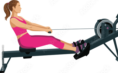 Fitness athlete using rowing machine exercise, full body workout, cardio training, strength conditioning, gym equipment, sliding seat flywheel mechanism
