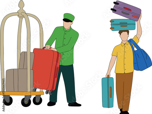 Hotel staff luggage service, traveler carrying bags, hospitality scene, suitcase cart, duffel bag, tourism concept, service industry, travel illustration, cad drawing flat vector illustration