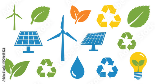 Renewable energy icons and environmental symbols representing sustainability