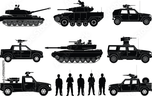 Military vehicles soldiers silhouette illustration, tanks armored trucks weapons, combat defense equipment, war strategy design, black vector artwork, armed forces representation