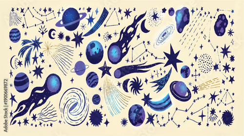 Collection of various celestial objects and symbols on beige background  planets stars constellations