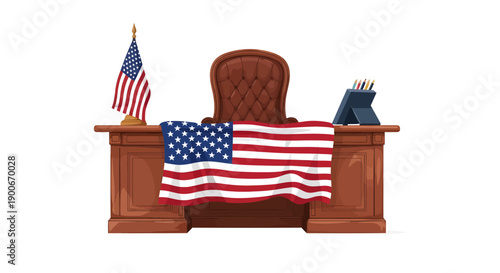 American flag draped over a wooden desk with a chair and office supplies in a government