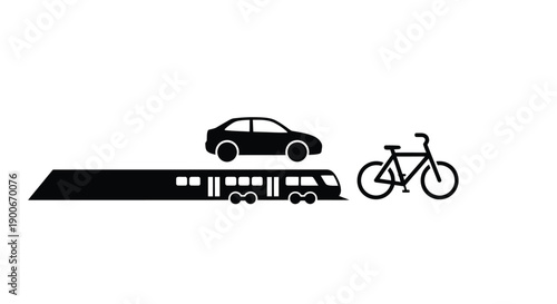 Black silhouette illustration depicting a car bicycle and train