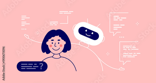 Ai chat bot generating answers to user question. Virtual assistant help vector illustration. Communication between friendly android robot and woman. Chatbot support concept. Smart technology service