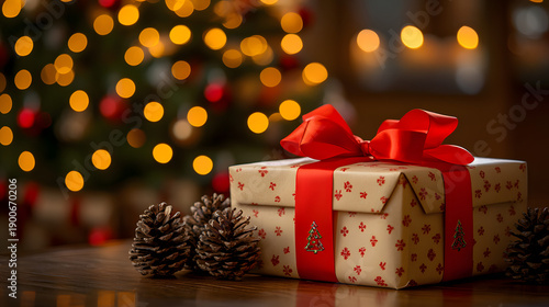 Gift box with red ribbon placed next to pinecones on table in front of decorated Christmas tree during festive season