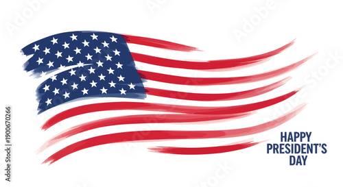 Waving American flag on President's Day with patriotic brush strokes and white background