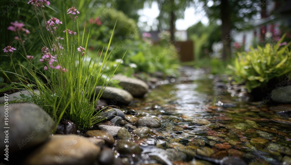 Fototapeta premium Tranquil stream flowing through lush green garden landscape