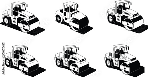 Road roller construction vehicle illustration collection, heavy machinery equipment, soil gravel asphalt compaction, civil engineering design, industrial machine variation artwork