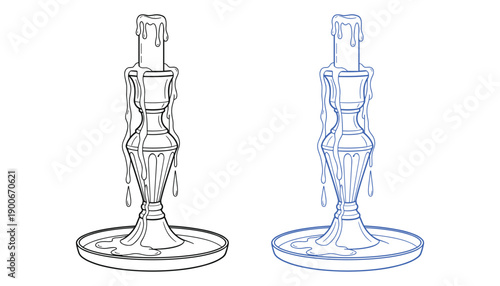 Antique candle holder line art vector illustration with dripping wax and ornate base design