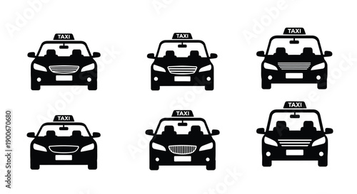 A collection of black silhouette taxi vehicle icons in varying perspectives