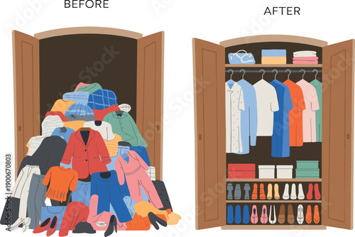 Wardrobe organization before after comparison, cluttered messy closet transformation, tidy storage solution, home decluttering, clothing arrangement, shoes boxes shelves color coordination