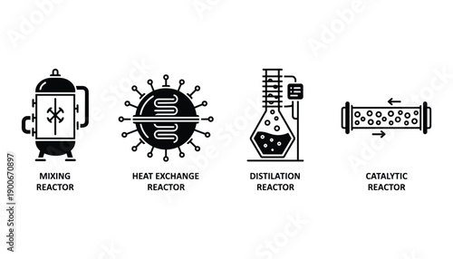 Chemical reactor icon set mixing heat exchange distillation catalytic process industry vector illustration