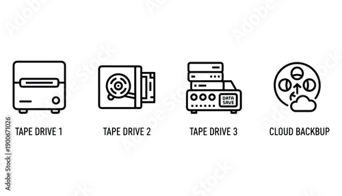 Data storage icon set of tape drive cloud backup for saving memory and computer file