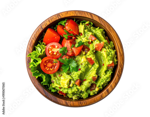 Close-up of guacamole dish with tomatoes and herbs in a wooden bowl
