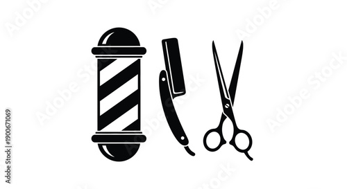 Barber pole straight razor and scissors in a black and white illustration