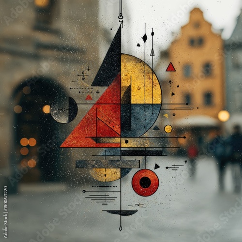 Geometric abstraction superimposed on blurred city scene