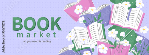 Various books with spring flowers. Horizontal banner for bookstore, festival,  market, bookshop or library. Vector illustration