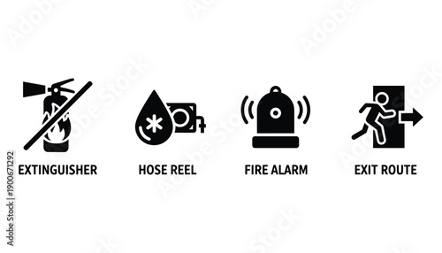 Emergency safety icons vector set indicating fire prevention measures and evacuation protocols inside building
