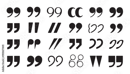 Assortment quotation marks unique styles typography smart typewriter french guillemets punctuation symbols for text and dialogue