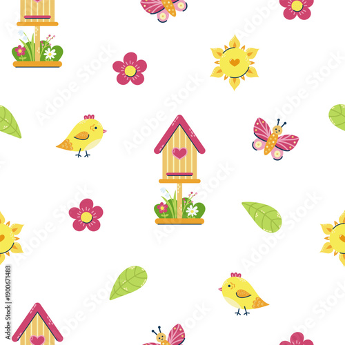 Seamless pattern with bird Chicken and birdhouse on white background. Seasonal hand drawn card, poster, web banner. Vector illustration.