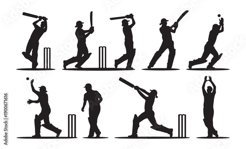 Cricket player silhouettes collection showing batting bowling and fielding poses for sports design