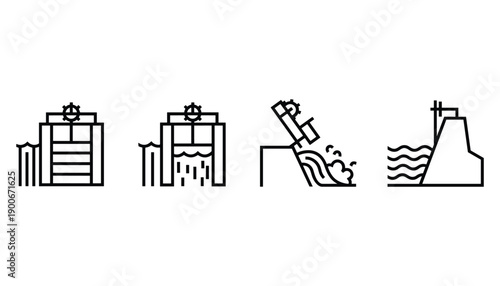 Hydropower dam line drawing set featuring hydro energy and sustainable water energy concept